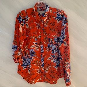 Ann Taylor Loft M Blue & Orange 3/4 Roll Tab Sleeve Button Up Floral Blouse